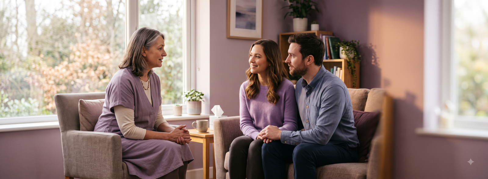Three people sit on chairs in a cozy living room, smiling and talking during a counseling session.
