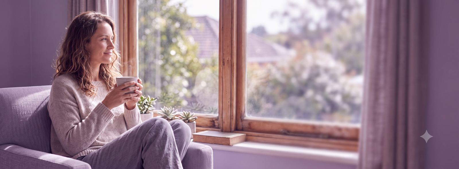 Woman relaxing on a couch by a sunlit window, holding a mug with small plants on the sill nearby.
