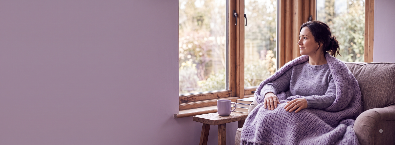 Woman relaxing on a sofa by a sunlit window, wrapped in a purple blanket with a mug and books on a small wooden table beside her.