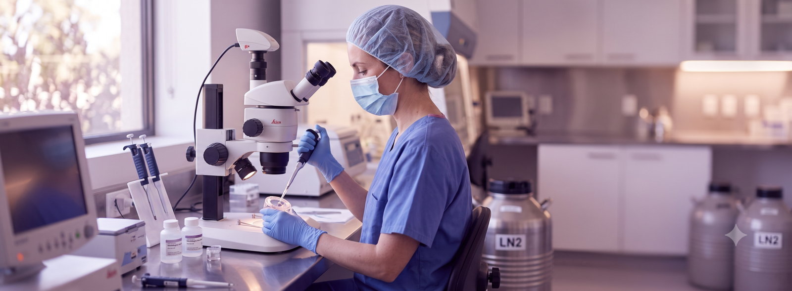 Scientist in blue scrubs, mask, and cap uses a microscope and pipette in a modern laboratory.
