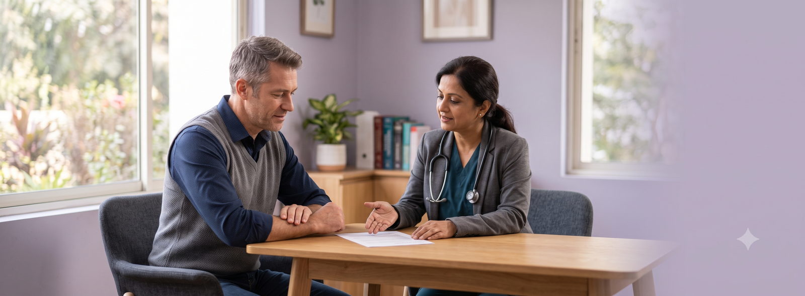 Female doctor with stethoscope showing a patient a document during a consultation at a bright clinic desk.