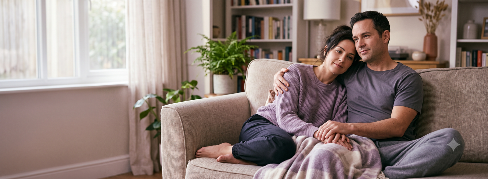 Couple cuddling on a beige sofa in a bright living room, the woman leaning on the man's shoulder with a blanket draped over them.