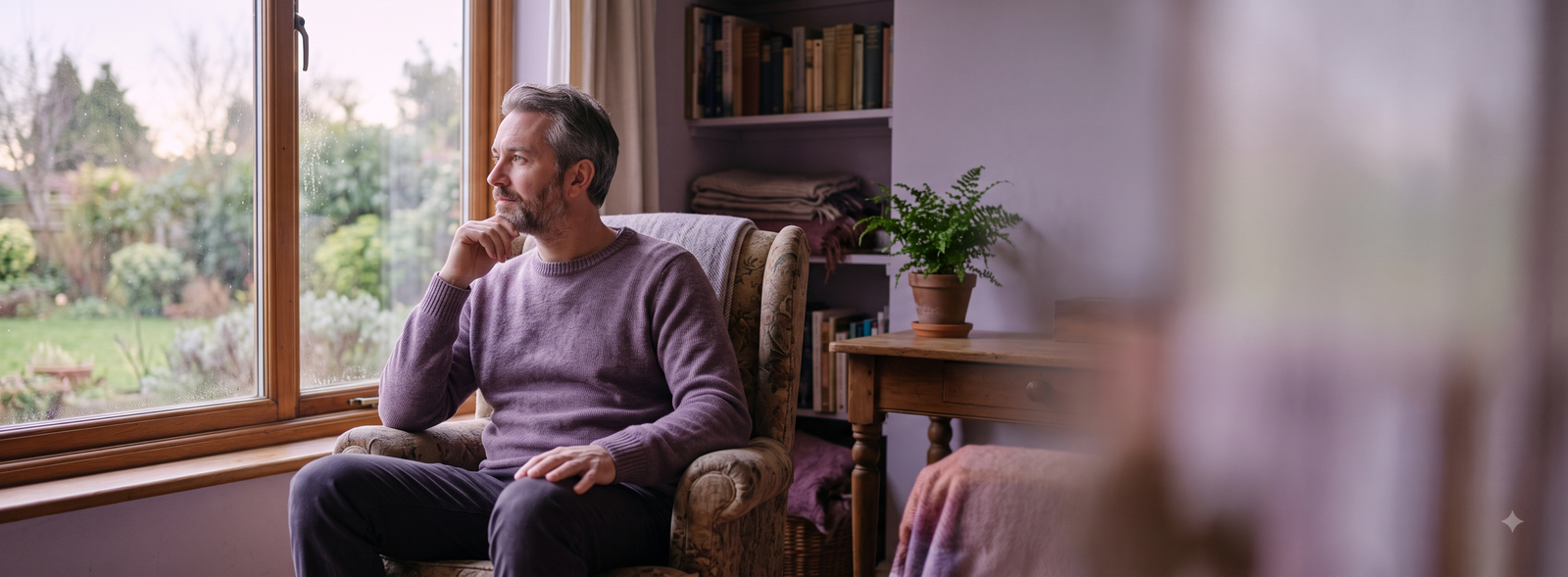 Man with gray hair and beard sits in an upholstered chair by a large window, gazing pensively at the garden outside.