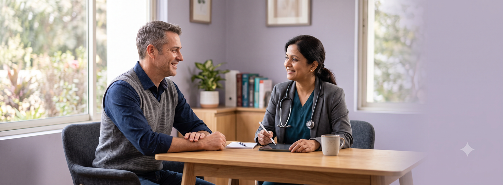 Doctor and patient smiling at a table in a clinic, discussing notes with a tablet nearby