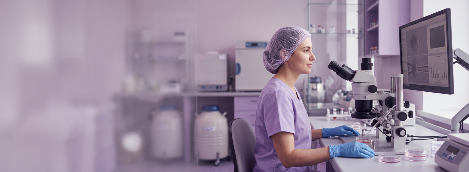 GeminiGeneratedImageu583vtu583vtu583 Samarth IVF Lab technician in purple scrubs and a hairnet sits at a workstation looking into a microscope with a monitor displaying data on the right
