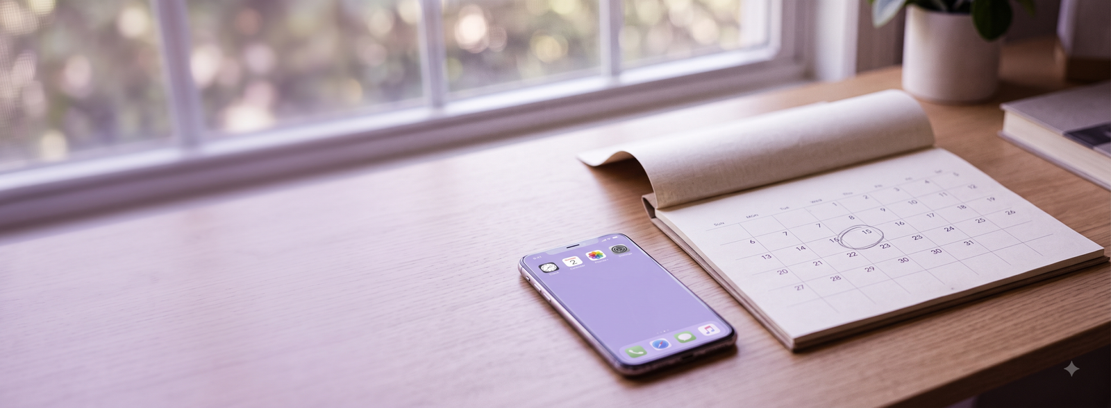 GeminiGeneratedImageuh96wruh96wruh96 Samarth IVF Open desk calendar with a circled date on a wooden table beside a smartphone near a window