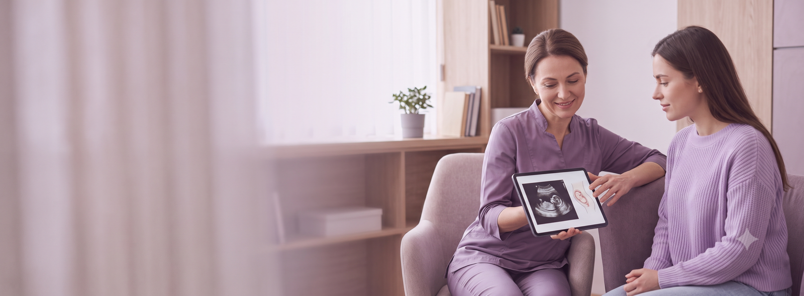 Healthcare professional in purple scrubs shows a tablet with an ultrasound image to a pregnant woman seated on a sofa in a bright, cozy office.