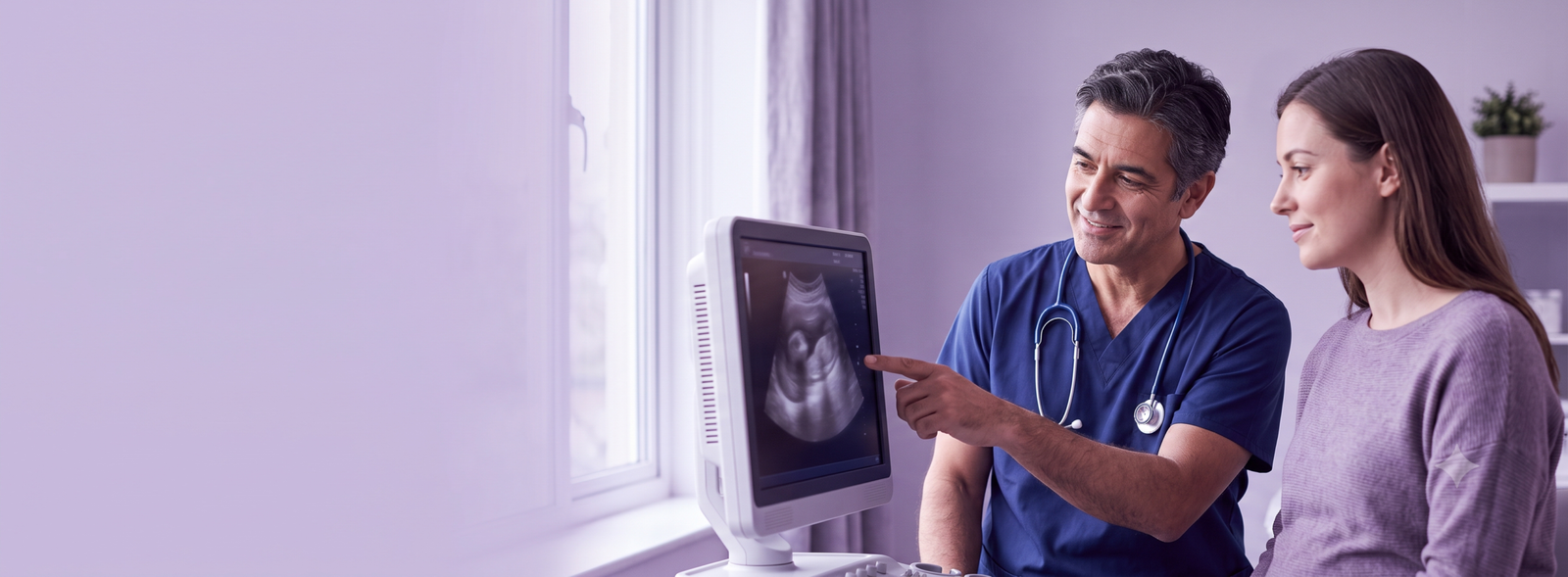 Doctor points at an ultrasound monitor and explains a prenatal scan to a pregnant patient by the window