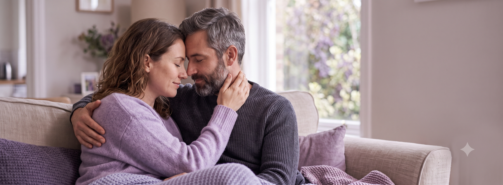 Couple cuddling on a sofa with foreheads touching, eyes closed, wearing purple sweaters in a cozy living room.
