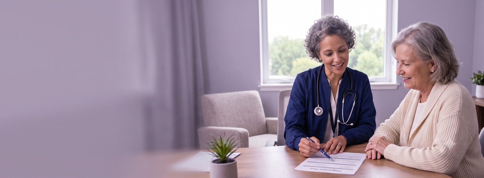 Nurse with stethoscope assisting an elderly woman at a clinic desk reviewing a form.