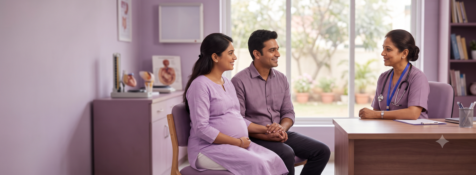 Pregnant woman in lavender dress sits with her partner in a clinic, chatting with a female doctor in scrubs at a desk.