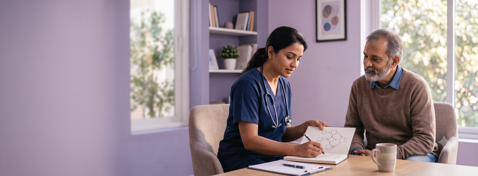 Nurse in blue scrubs with stethoscope consulting an elderly man at a table, taking notes in a notebook with a diagramed page nearby, in a calming office setting