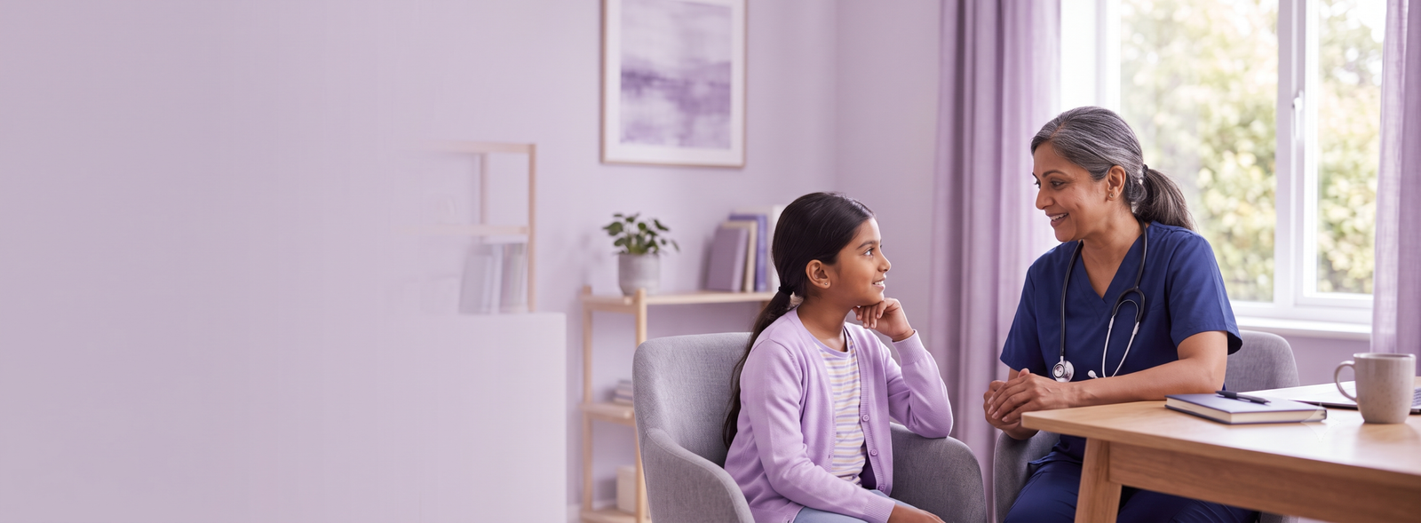 A doctor in blue scrubs chats with a young girl in a clinic seated at a wooden table by a window