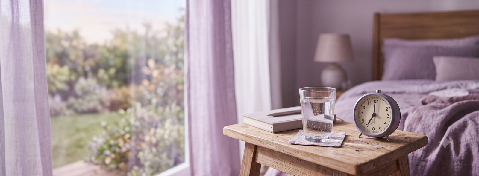 GeminiGeneratedImage86ux3x86ux3x86ux Samarth IVF Bedside table with a glass of water a closed notebook and pen and a gray alarm clock in a lavender bedroom setting