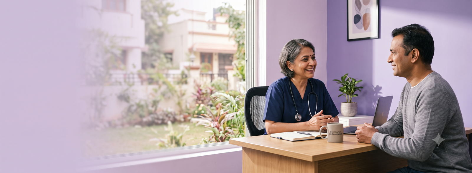 Doctor in navy scrubs with stethoscope consulting a man at a wooden desk in a purple-walled clinic room.