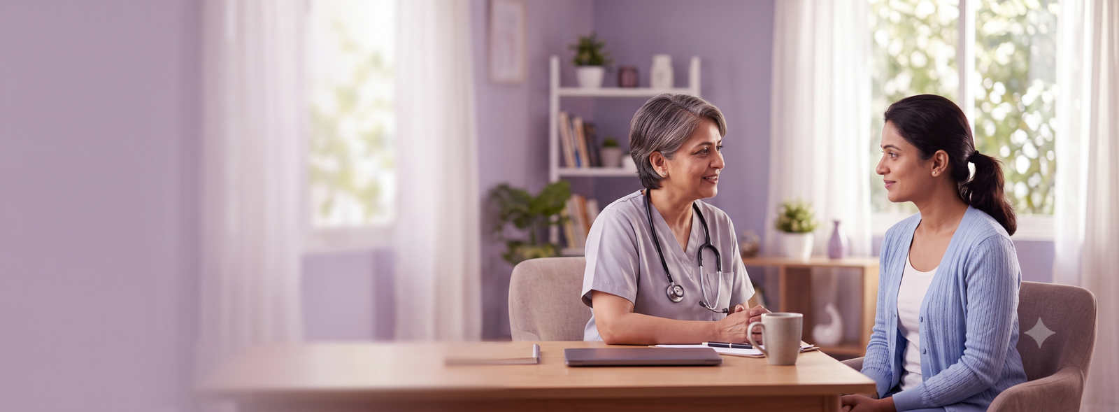 Healthcare professional with stethoscope conversing with a patient at a table in a bright, cozy clinic room.
