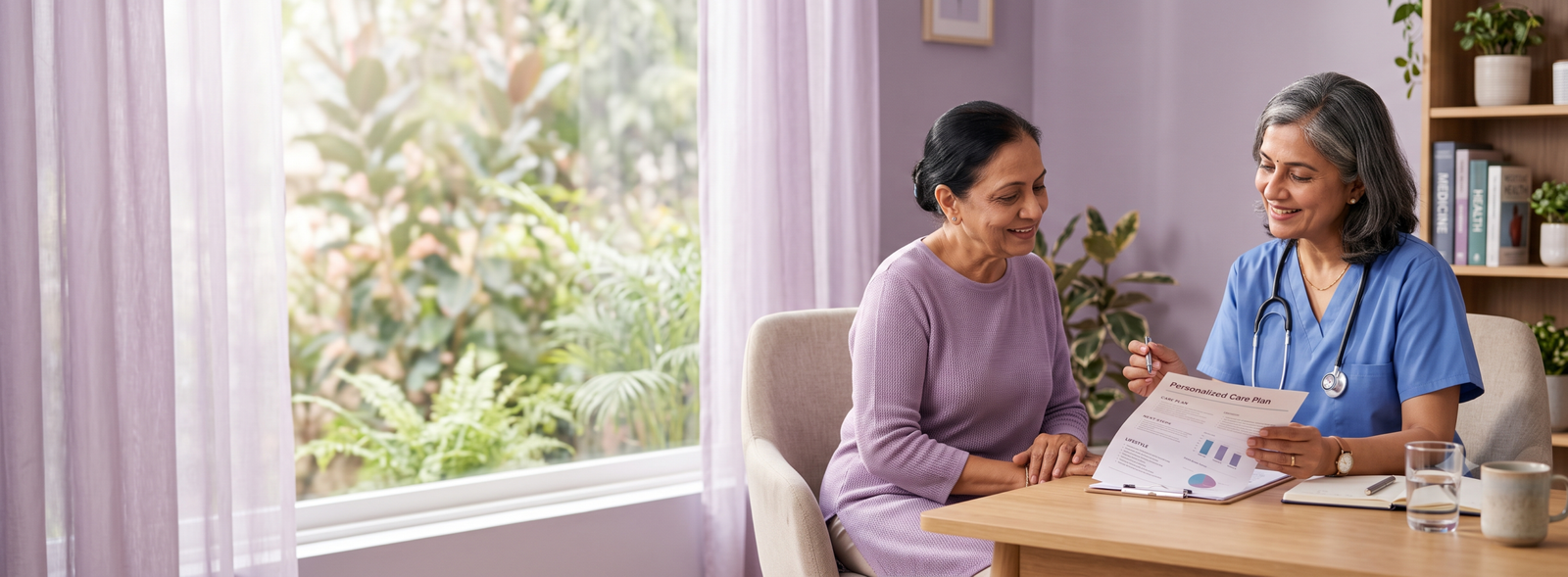 Healthcare professional in blue scrubs with a stethoscope consults an elderly woman, reviewing a personalized care plan on a clipboard at a wooden table in a bright room.