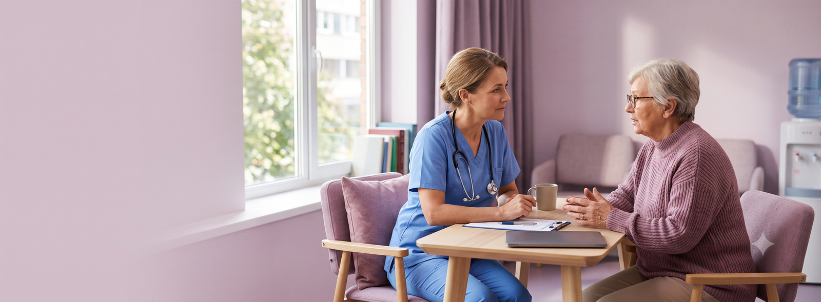 GeminiGeneratedImaged48iw4d48iw4d48i Samarth IVF Nurse in blue scrubs with stethoscope talks with an elderly woman in a pink sweater at a small table in a pastel purple clinic room