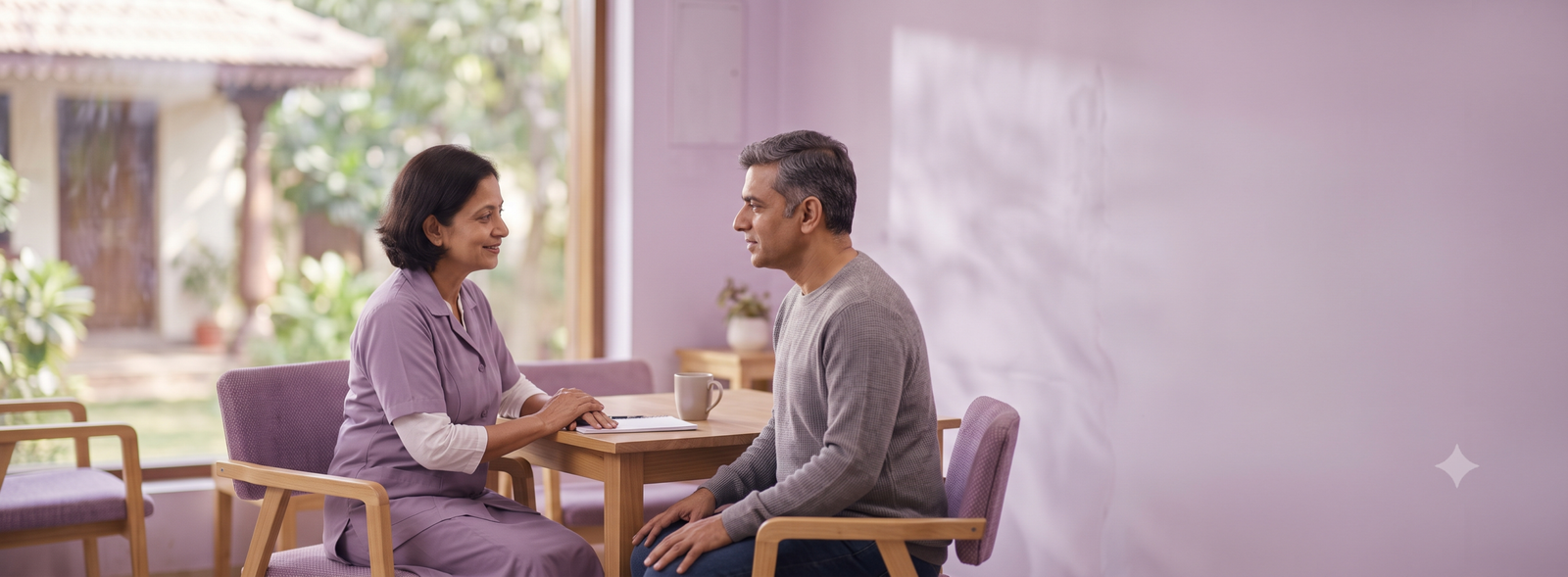 Healthcare professional in purple scrubs chats with a man at a small table; notebook and mug present.