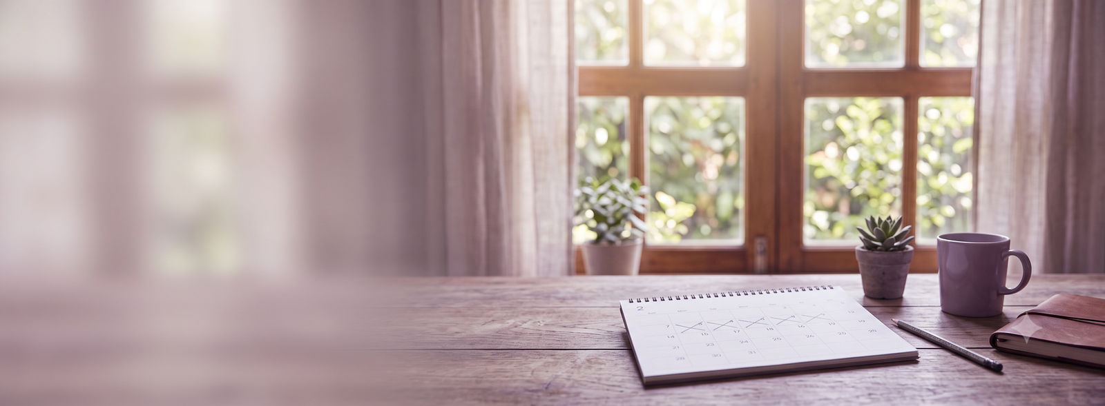 Open spiral calendar on a wooden desk with a pencil, small plant, mug, and notebook by a sunlit window.