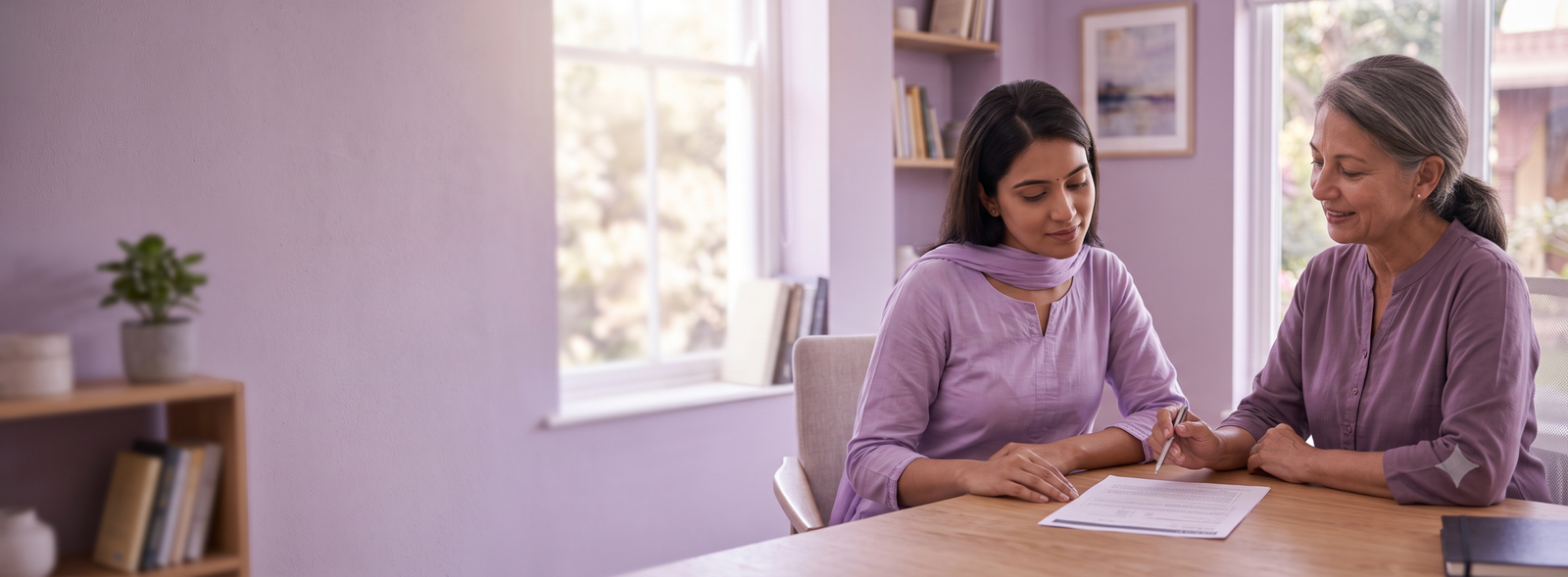 Two women sit at a wooden table reviewing a document together in a bright lavender room