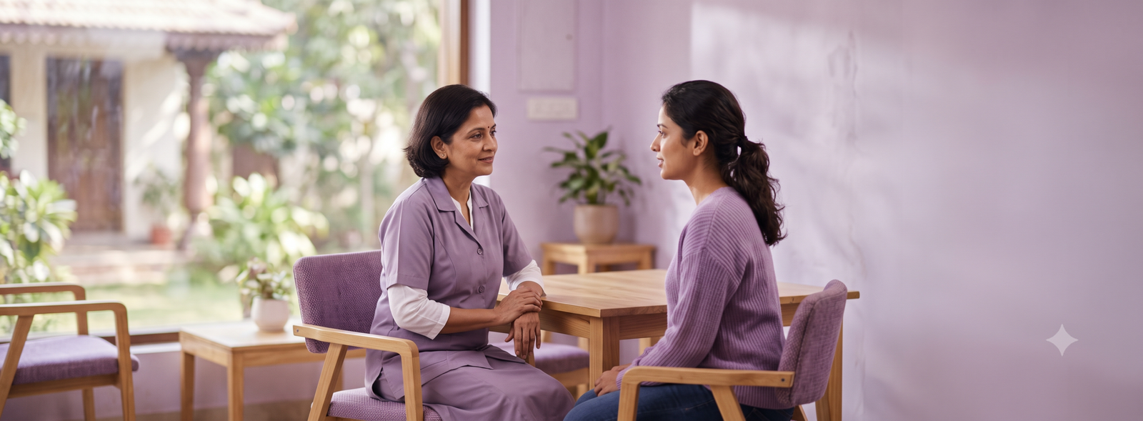 Two women sit at a wooden table in a bright, lavender-toned room, sharing a calm, supportive conversation.