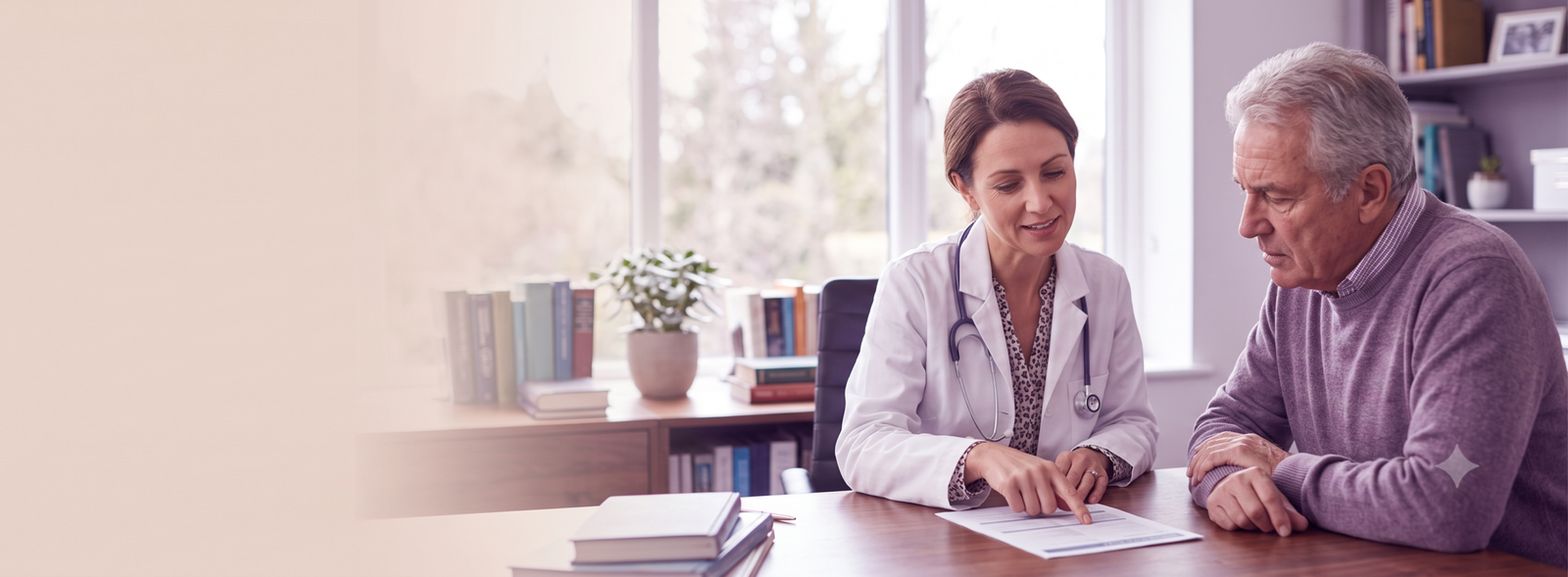 Doctor in a white coat with a stethoscope explains a document to an elderly man at a wooden desk in a bright office? (informative)