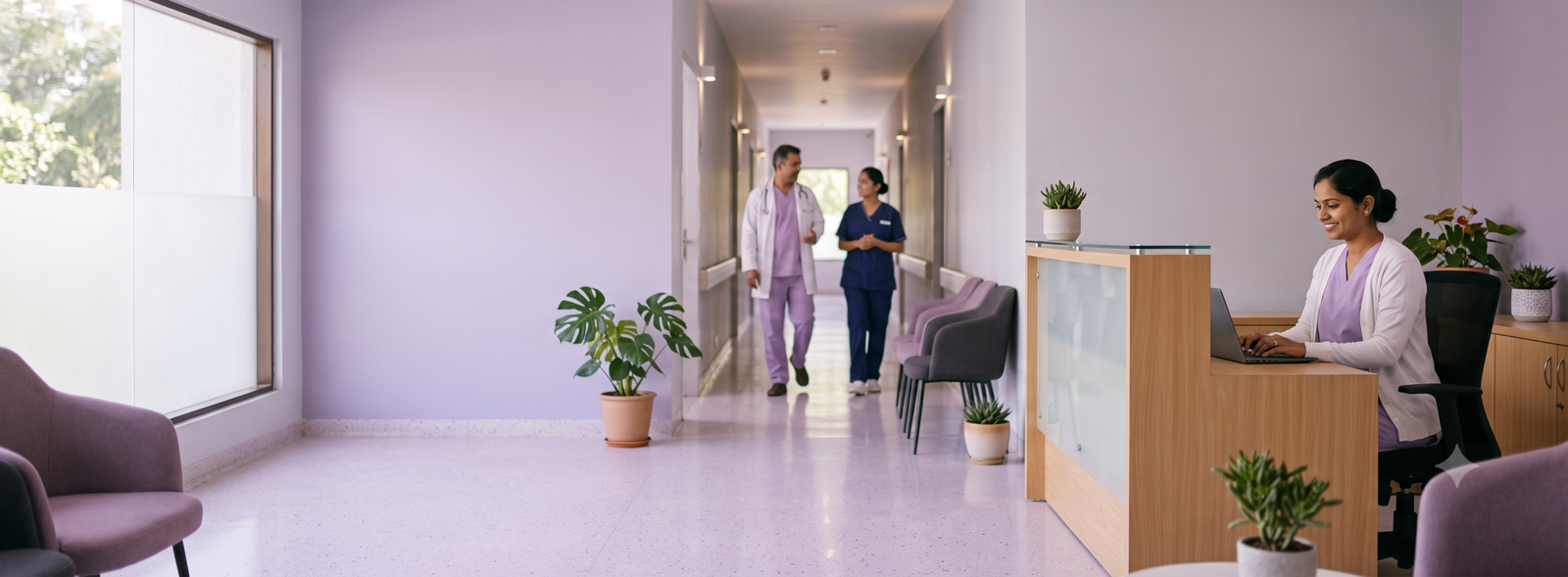 Reception desk with a nurse at a laptop on the right doctor and nurse walk and talk down a lavender corridor