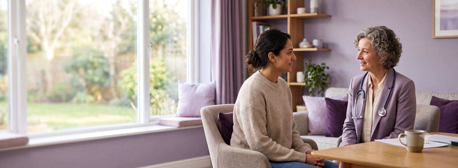 GeminiGeneratedImagei2so16i2so16i2so Samarth IVF Doctor with stethoscope chats with a patient in a cozy home like consultation room