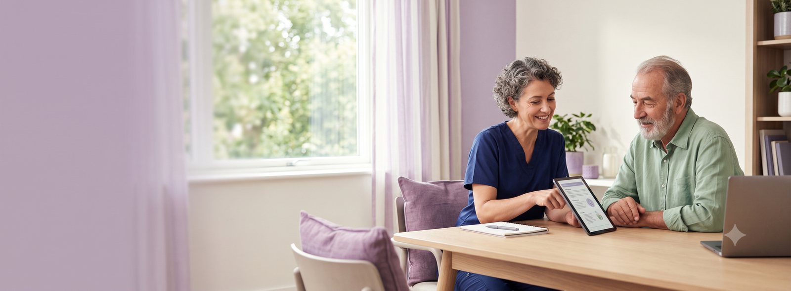 GeminiGeneratedImagelmr6v8lmr6v8lmr6 Samarth IVF Healthcare professional in blue scrubs shows a tablet to an elderly man at a wooden table in a bright living room smiling as they review information