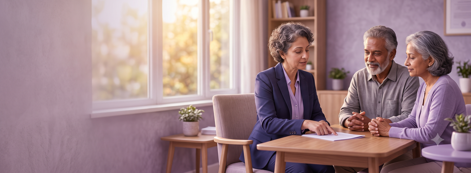 Three adultsβone in a navy suitβdiscussing documents at a wooden table in a bright, cozy office setting.