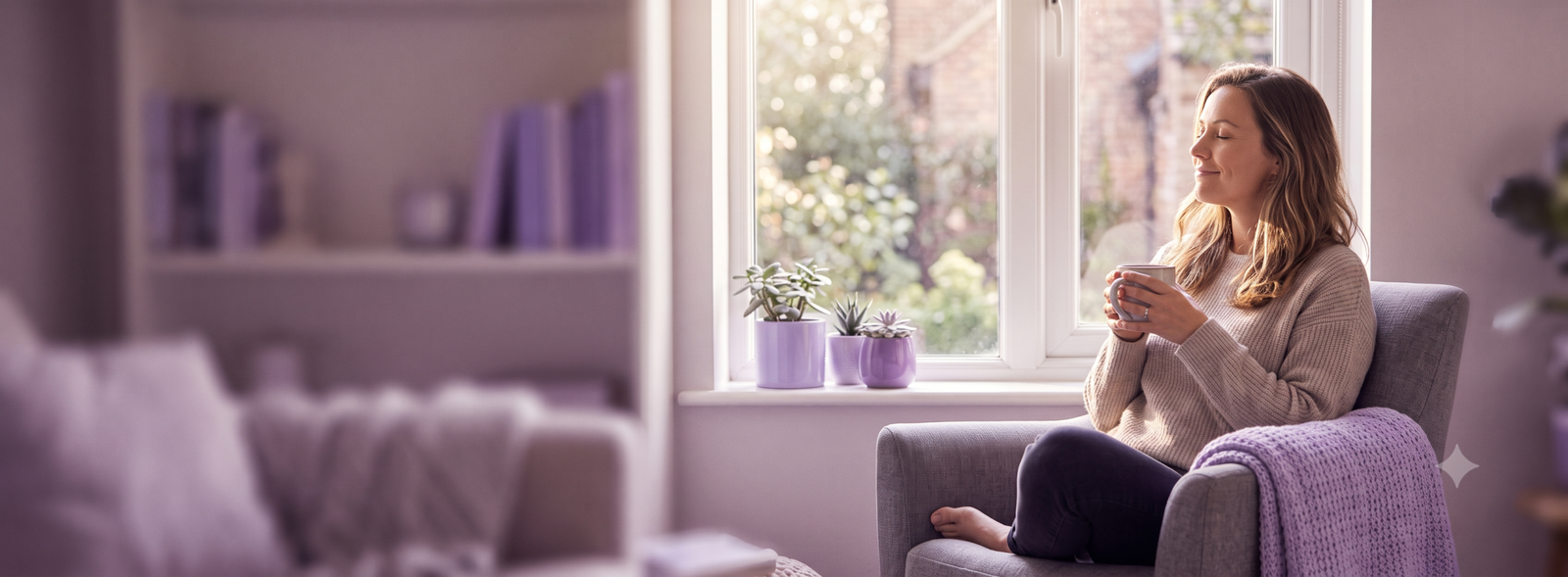 Woman relaxing in a chair by a sunlit window holding a mug with purple potted succulents on the windowsill behind her