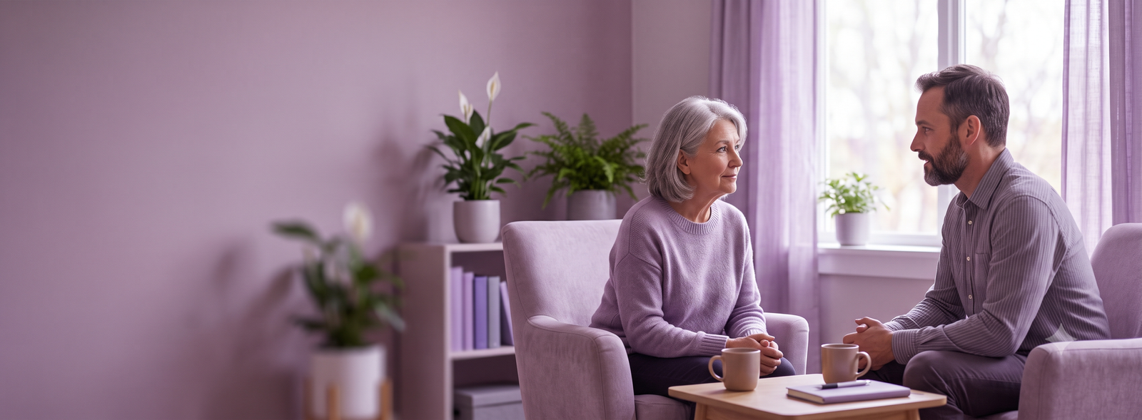 Two adults sit in matching armchairs in a cozy, purple-toned living room, cups of coffee on a small table as they chat.