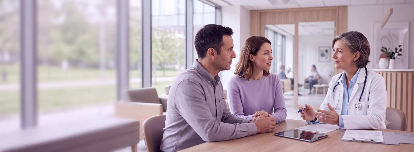 Doctor in a white coat consults with a man and a woman at a clinic table in a bright modern reception area