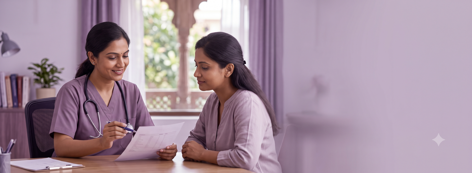 Doctor in scrubs with stethoscope discusses a form with a female patient at a wooden desk in a bright clinic room, both smiling.