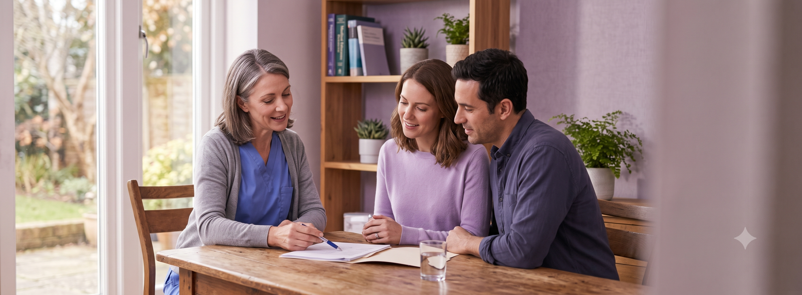 Three people sit around a wooden table reviewing documents together in a bright homey office with a window and shelves in the background