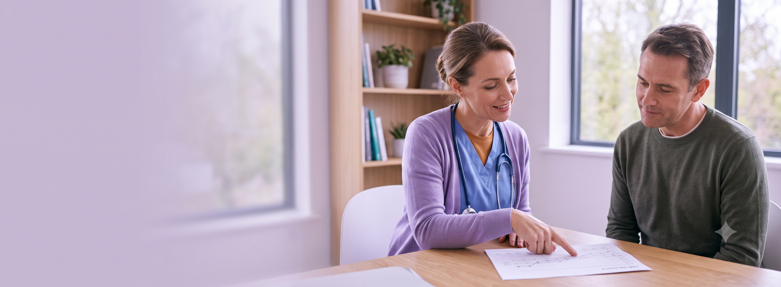 Female clinician in a purple cardigan with a stethoscope points at a chart while consulting a male patient at a wooden table in a bright room.