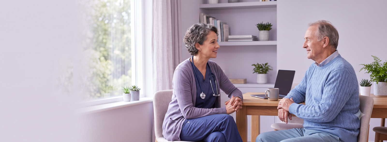 Nurse or doctor in purple scrubs and stethoscope chats with an older man at a wooden table in a cozy home office setting, softly lit by a window.