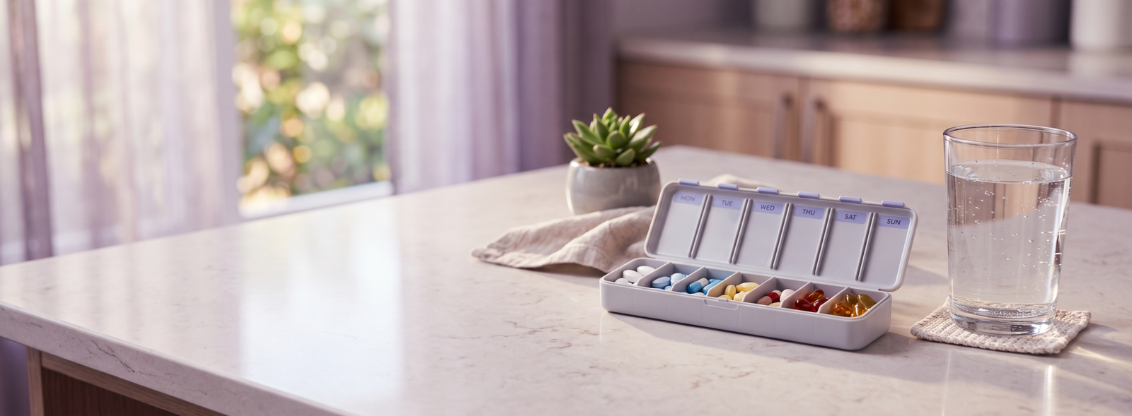 Open weekly pill organizer with assorted pills on a marble kitchen island, next to a glass of water and a small plant in the background.