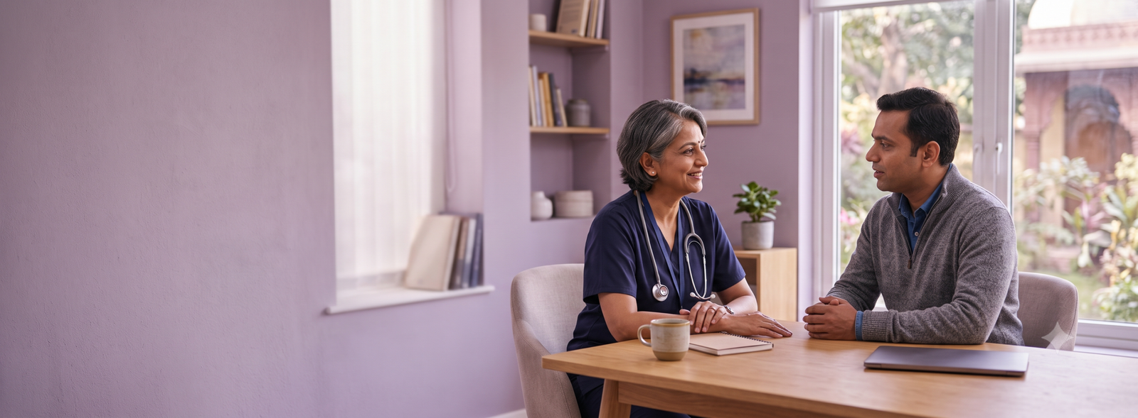 Female healthcare professional in navy scrubs with a stethoscope talking with a man at a wooden table by a window smiling as they converse