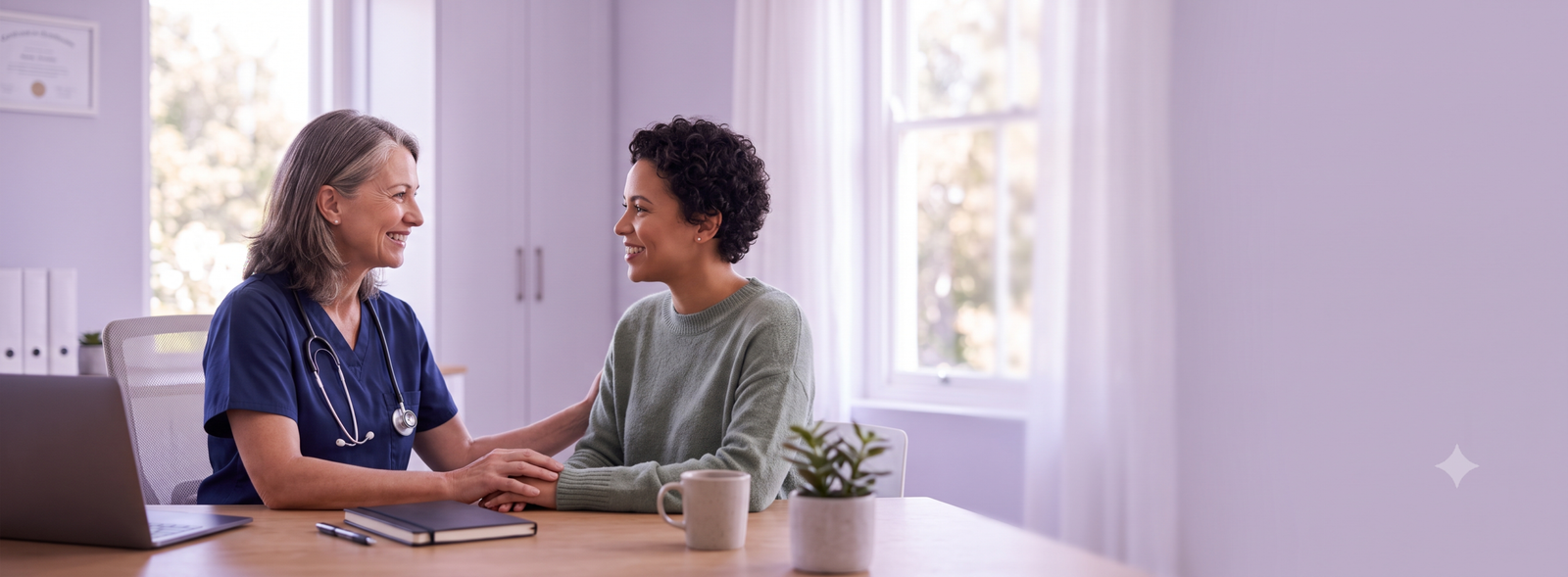 Healthcare professional in blue scrubs chats warmly with a patient across a desk in a bright clinic holding hands and smiling laptop notebook and plant visible on the desk
