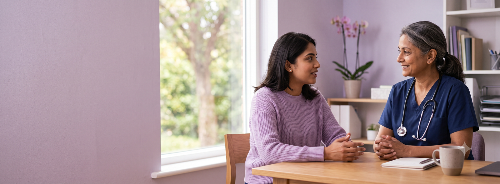 GeminiGeneratedImagewj9jigwj9jigwj9j Samarth IVF A woman in a lavender sweater sits at a wooden table chatting with a smiling clinician in blue scrubs and a stethoscope in a bright calm exam room