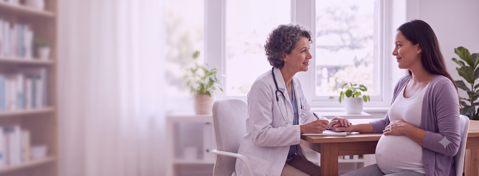 Doctor wearing a white coat and stethoscope chats with a pregnant woman at a clinic desk holding hands and taking notes in a bright room