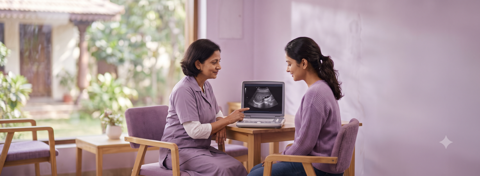 Healthcare professional shows an ultrasound image on a laptop while discussing with a patient in a clinic room.