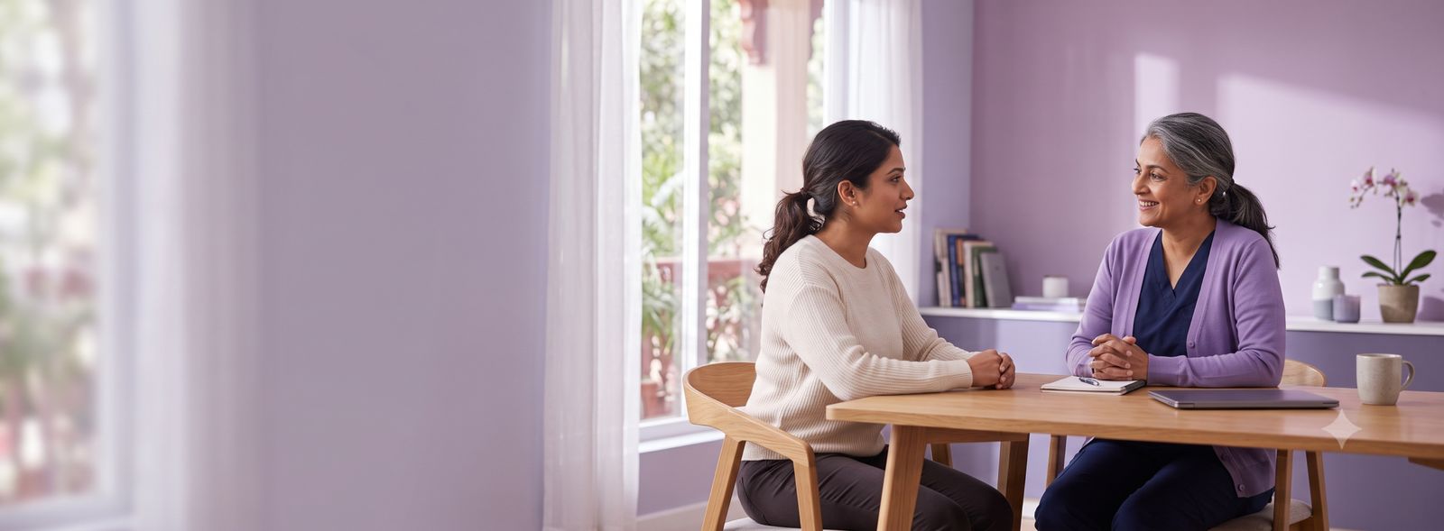 GeminiGeneratedImagex6l637x6l637x6l6 Samarth IVF Two women sit across from each other at a wooden table smiling and talking in a soft purple walled roomcounseling or chat in progress