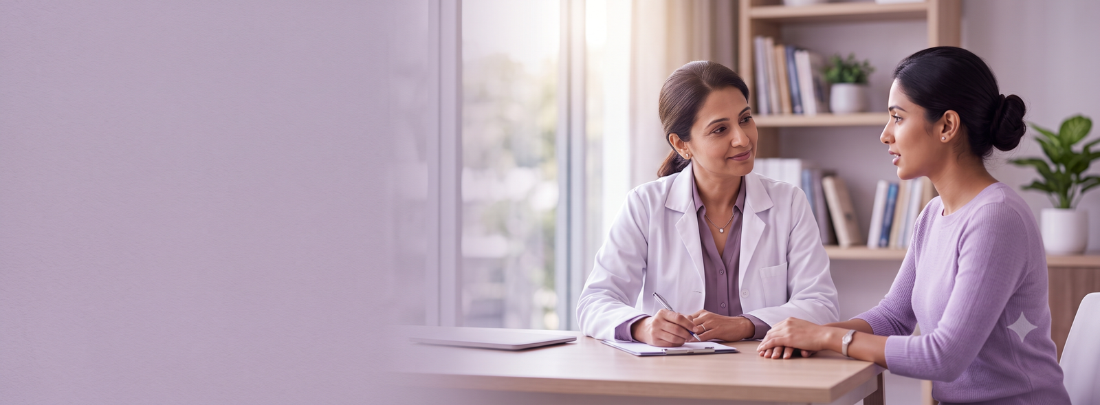 Doctor in a white coat discusses with a patient across a desk in a bright office sunlight at the window
