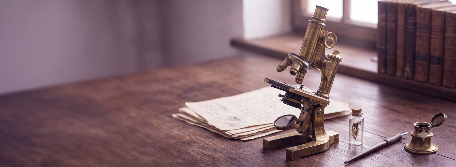 Vintage brass microscope on a wooden desk with handwritten papers beside old books and a small bottle under warm light in a study setting