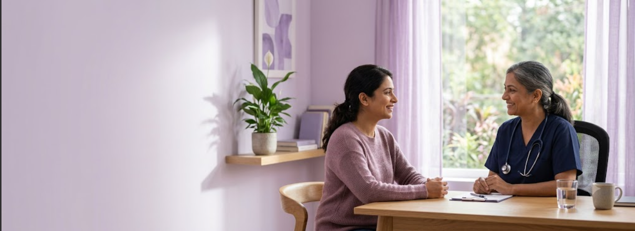 Woman patient wearing pink sweater sits at a wooden table, talking with a doctor in navy scrubs with a stethoscope in a bright purple clinic room.